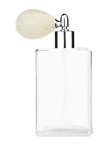 Elegant design 100 ml, 3 1/2oz  clear glass bottle  with ivory vintage style bulb sprayer with shiny silver collar cap.