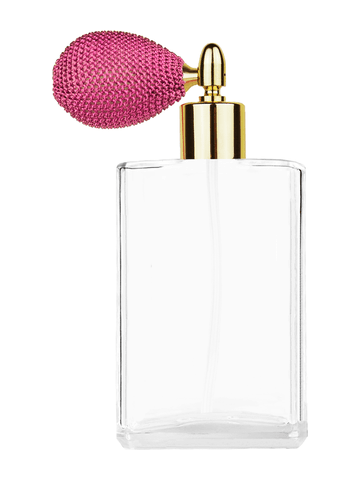 ***OUT OF STOCK***Elegant design 100 ml, 3 1/2oz  clear glass bottle  with pink vintage style bulb sprayer with shiny gold collar cap.
