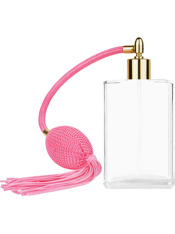 Elegant design 100 ml, 3 1/2oz  clear glass bottle  with Pink vintage style bulb sprayer with tassel with shiny gold collar cap.