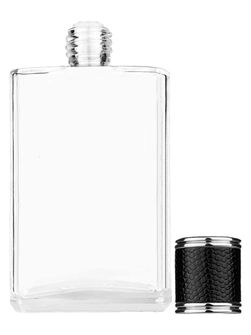 Elegant design 100 ml, 3 1/2oz  clear glass bottle  with reducer and black faux leather cap.