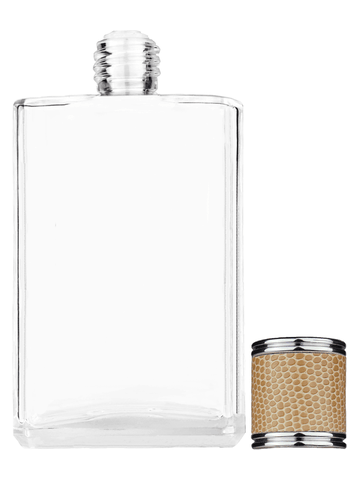 Elegant design 100 ml, 3 1/2oz  clear glass bottle  with reducer and light brown faux leather cap.