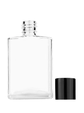 Empty Clear glass bottle with short shiny black cap capacity: 15ml, 1/2oz. For use with perfume or fragrance oil, essential oils, aromatic oils and aromatherapy.