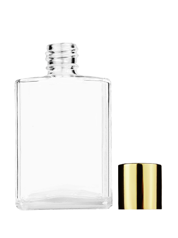 Empty Clear glass bottle with short shiny gold cap capacity: 15ml, 1/2oz. For use with perfume or fragrance oil, essential oils, aromatic oils and aromatherapy.