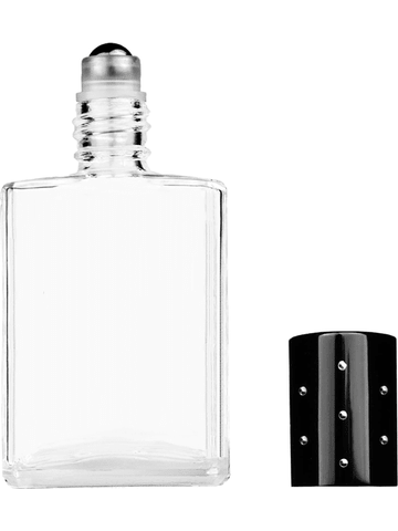 Elegant design 15ml, 1/2oz Clear glass bottle with metal roller ball plug and black shiny cap with dots.