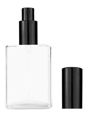 Elegant design 30 ml, clear glass bottle with sprayer and black cap.