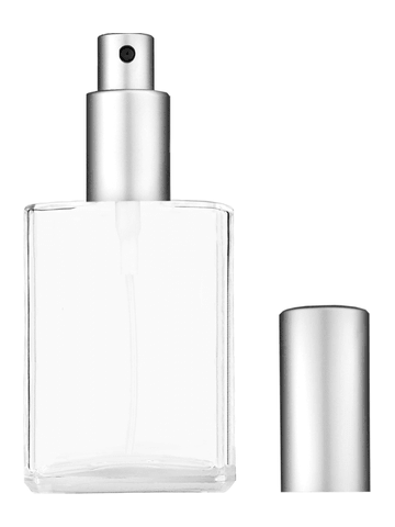 Elegant design 30 ml, clear glass bottle with sprayer and matte silver cap.