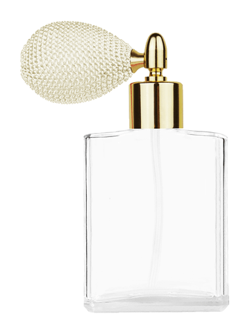 Elegant design 60 ml, 2oz  clear glass bottle  with ivory vintage style bulb sprayer with shiny gold collar cap.