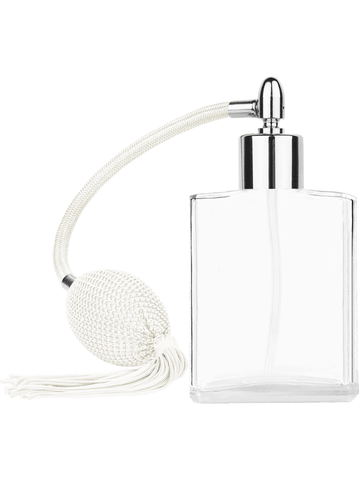 Elegant design 60 ml, 2oz  clear glass bottle  with White vintage style bulb sprayer with tassel with shiny silver collar cap.