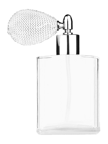 Elegant design 60 ml, 2oz  clear glass bottle  with white vintage style bulb sprayer with shiny silver collar cap.