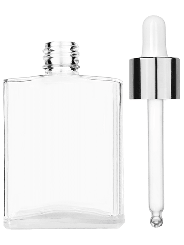 Elegant design 60 ml, 2oz  clear glass bottle  with white dropper with shiny silver collar cap.