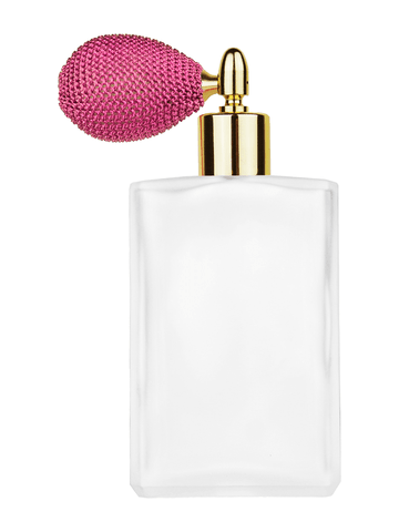 ***OUT OF STOCK***Elegant design 100 ml, 3 1/2oz frosted glass bottle with pink vintage style bulb sprayer with shiny gold collar cap.