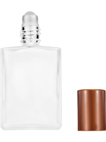 Elegant design 15ml, 1/2oz frosted glass bottle with plastic roller ball plug and matte copper cap.