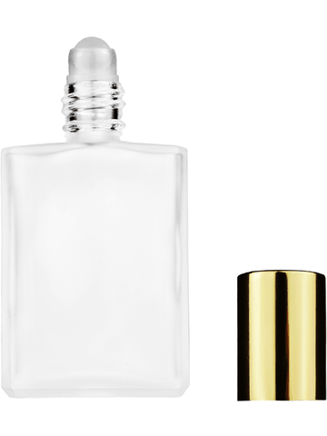 Elegant design 15ml, 1/2oz frosted glass bottle with plastic roller ball plug and shiny gold cap.