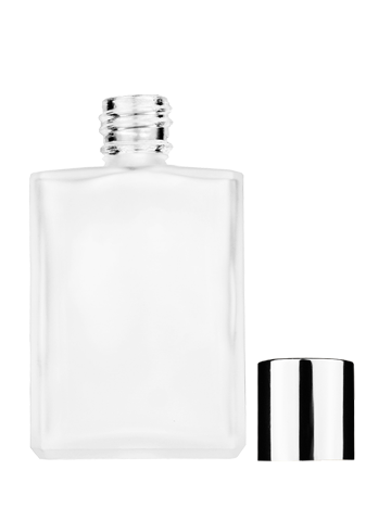 Empty frosted glass bottle with short shiny silver cap capacity: 15ml, 1/2oz. For use with perfume or fragrance oil, essential oils, aromatic oils and aromatherapy.
