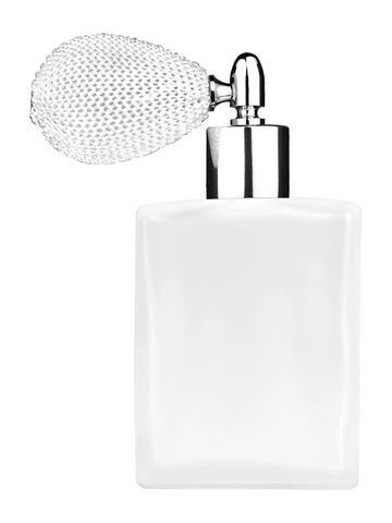 Elegant design 60 ml, 2oz frosted glass bottle with white vintage style bulb sprayer with shiny silver collar cap.