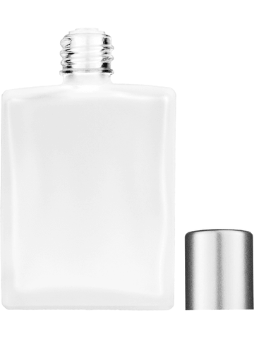 Elegant design 60 ml, 2oz frosted glass bottle with reducer and tall silver matte cap.