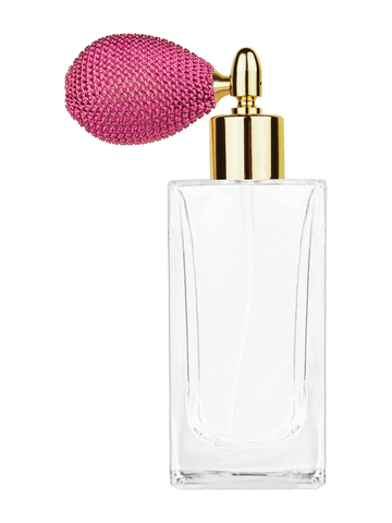 ***OUT OF STOCK***Empire design 100 ml, 3 1/2oz  clear glass bottle  with pink vintage style bulb sprayer with shiny gold collar cap.