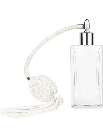 Empire design 100 ml, 3 1/2oz  clear glass bottle  with White vintage style bulb sprayer with tassel with shiny silver collar cap.