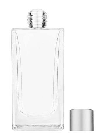 Empire design 100 ml, 3 1/2oz  clear glass bottle  with reducer and silver matte cap.