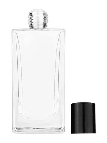 Empire design 100 ml, 3 1/2oz  clear glass bottle  with reducer and tall black shiny cap.