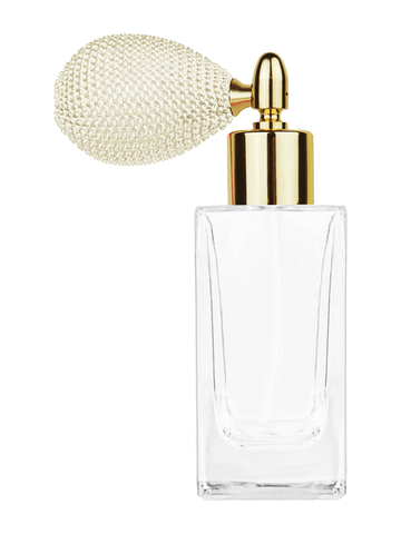 Empire design 50 ml, 1.7oz  clear glass bottle  with ivory vintage style bulb sprayer with shiny gold collar cap.