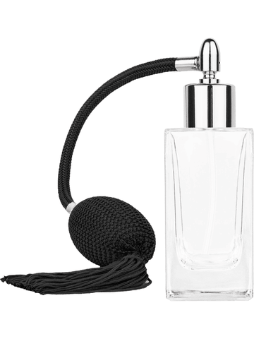 Empire design 50 ml, 1.7oz  clear glass bottle  with Black vintage style bulb sprayer with tassel with shiny silver collar cap.