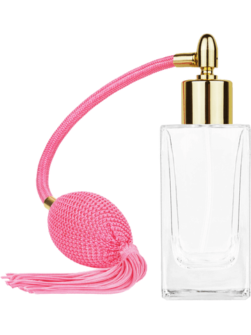 Empire design 50 ml, 1.7oz  clear glass bottle  with Pink vintage style bulb sprayer with tassel with shiny gold collar cap.