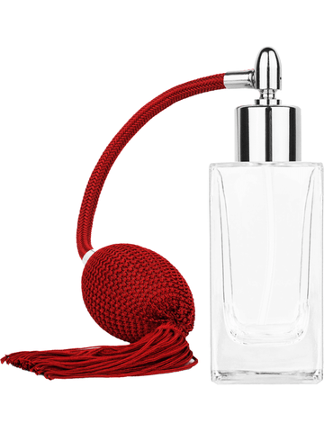 Empire design 50 ml, 1.7oz  clear glass bottle  with Red vintage style bulb sprayer with tassel with shiny silver collar cap.