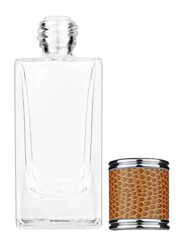 Empire design 50 ml, 1.7oz  clear glass bottle  with reducer and brown faux leather cap.