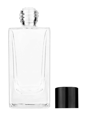 Empire design 50 ml, 1.7oz  clear glass bottle  with reducer and black shiny cap.