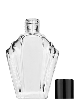 Empty Clear glass bottle with short shiny black cap capacity: 15ml, 1/2oz. For use with perfume or fragrance oil, essential oils, aromatic oils and aromatherapy.