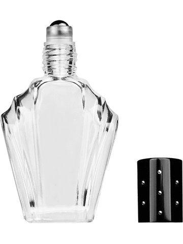 Flair design 15ml, 1/2oz Clear glass bottle with metal roller ball plug and black shiny cap with dots.