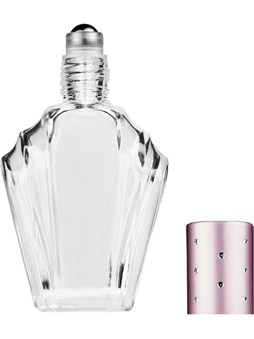 Flair design 15ml, 1/2oz Clear glass bottle with metal roller ball plug and pink cap with dots.
