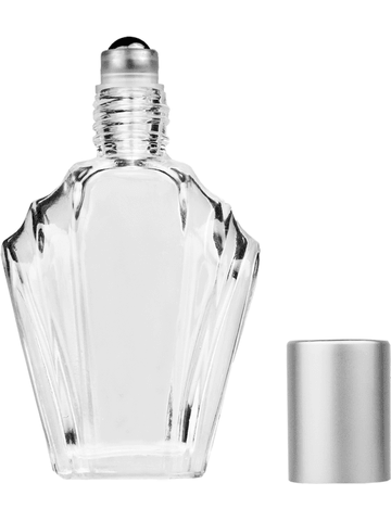 Flair design 15ml, 1/2oz Clear glass bottle with metal roller ball plug and matte silver cap.