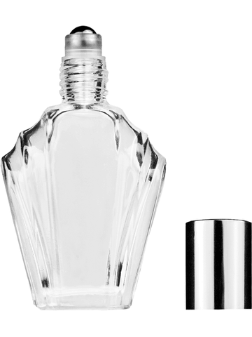 Flair design 15ml, 1/2oz Clear glass bottle with metal roller ball plug and shiny silver cap.