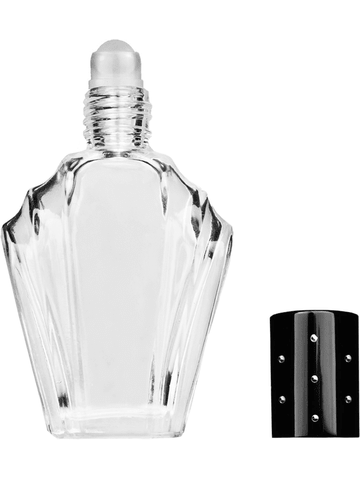 Flair design 15ml, 1/2oz Clear glass bottle with plastic roller ball plug and black shiny cap with dots.