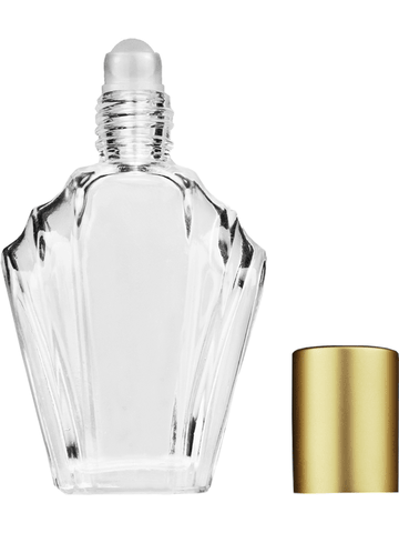 Flair design 15ml, 1/2oz Clear glass bottle with plastic roller ball plug and matte gold cap.