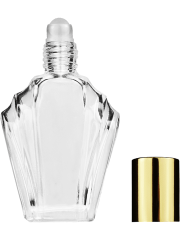 Flair design 15ml, 1/2oz Clear glass bottle with plastic roller ball plug and shiny gold cap.