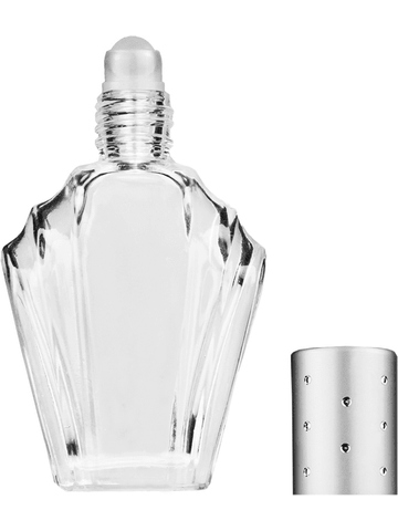 Flair design 15ml, 1/2oz Clear glass bottle with plastic roller ball plug and silver cap with dots.