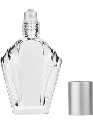 Flair design 15ml, 1/2oz Clear glass bottle with plastic roller ball plug and matte silver cap.