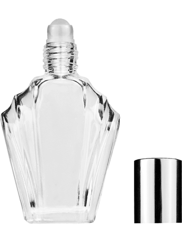 Flair design 15ml, 1/2oz Clear glass bottle with plastic roller ball plug and shiny silver cap.