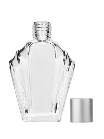 Empty Clear glass bottle with short matte silver cap capacity: 15ml, 1/2oz. For use with perfume or fragrance oil, essential oils, aromatic oils and aromatherapy.