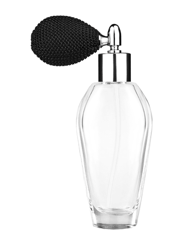 Grace design 55 ml, 1.85oz  clear glass bottle  with black vintage style bulb sprayer with shiny silver collar cap.