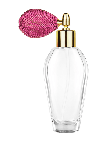 ***OUT OF STOCK***Grace design 55 ml, 1.85oz  clear glass bottle  with pink vintage style bulb sprayer with shiny gold collar cap.