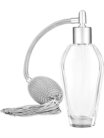 Grace design 55 ml, 1.85oz  clear glass bottle  with Silver vintage style bulb sprayer with tassel with matte silver collar cap.