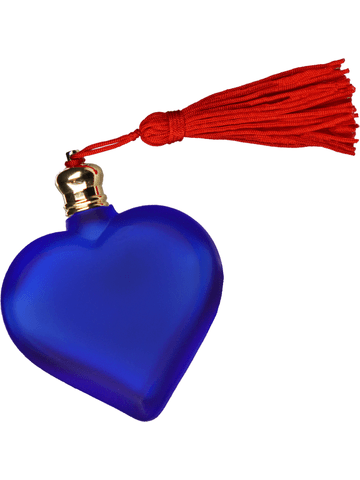 Heart design 10 ml, Blue frosted glass bottle with red tassel.