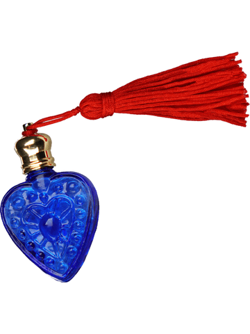 Heart design 4 ml, Blue glass bottle with red tassel.