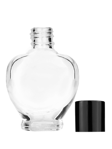 Empty Clear glass bottle with short shiny black cap capacity: 10ml, 1/3oz. For use with perfume or fragrance oil, essential oils, aromatic oils and aromatherapy.