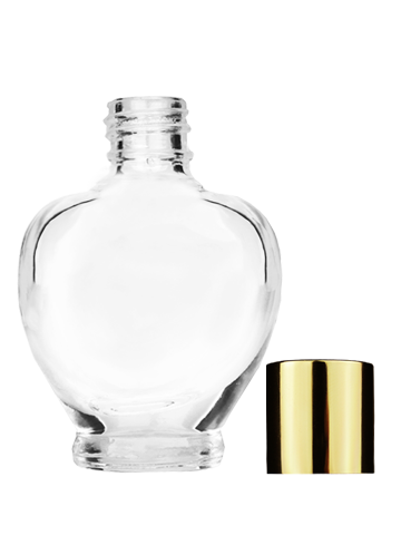 Empty Clear glass bottle with short shiny gold cap capacity: 10ml, 1/3oz. For use with perfume or fragrance oil, essential oils, aromatic oils and aromatherapy.