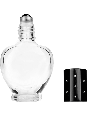 Queen design 10ml, 1/3oz Clear glass bottle with metal roller ball plug and black shiny cap with dots.
